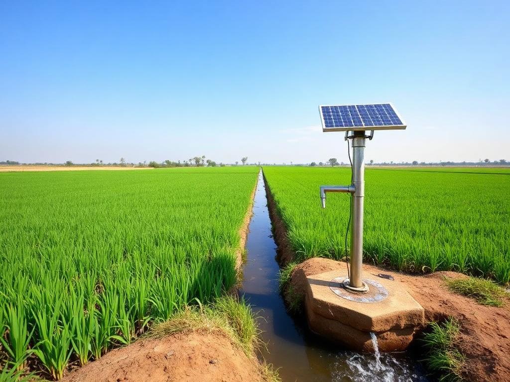 Solar water pump beside an irrigated field