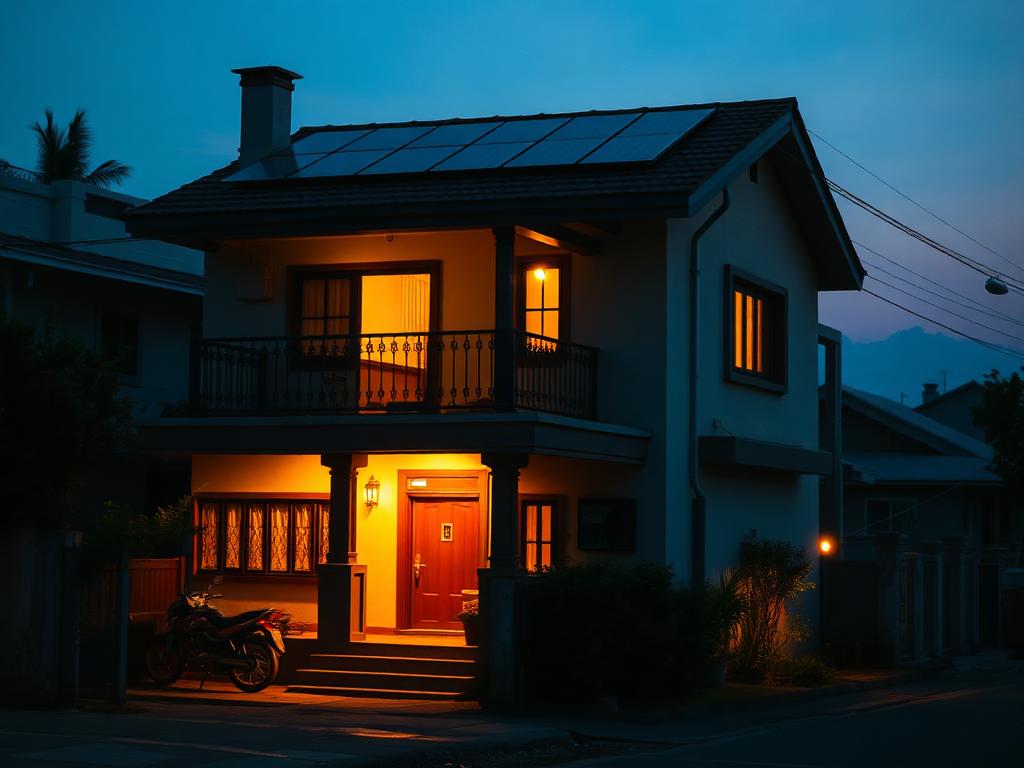 Home at dusk with lights on