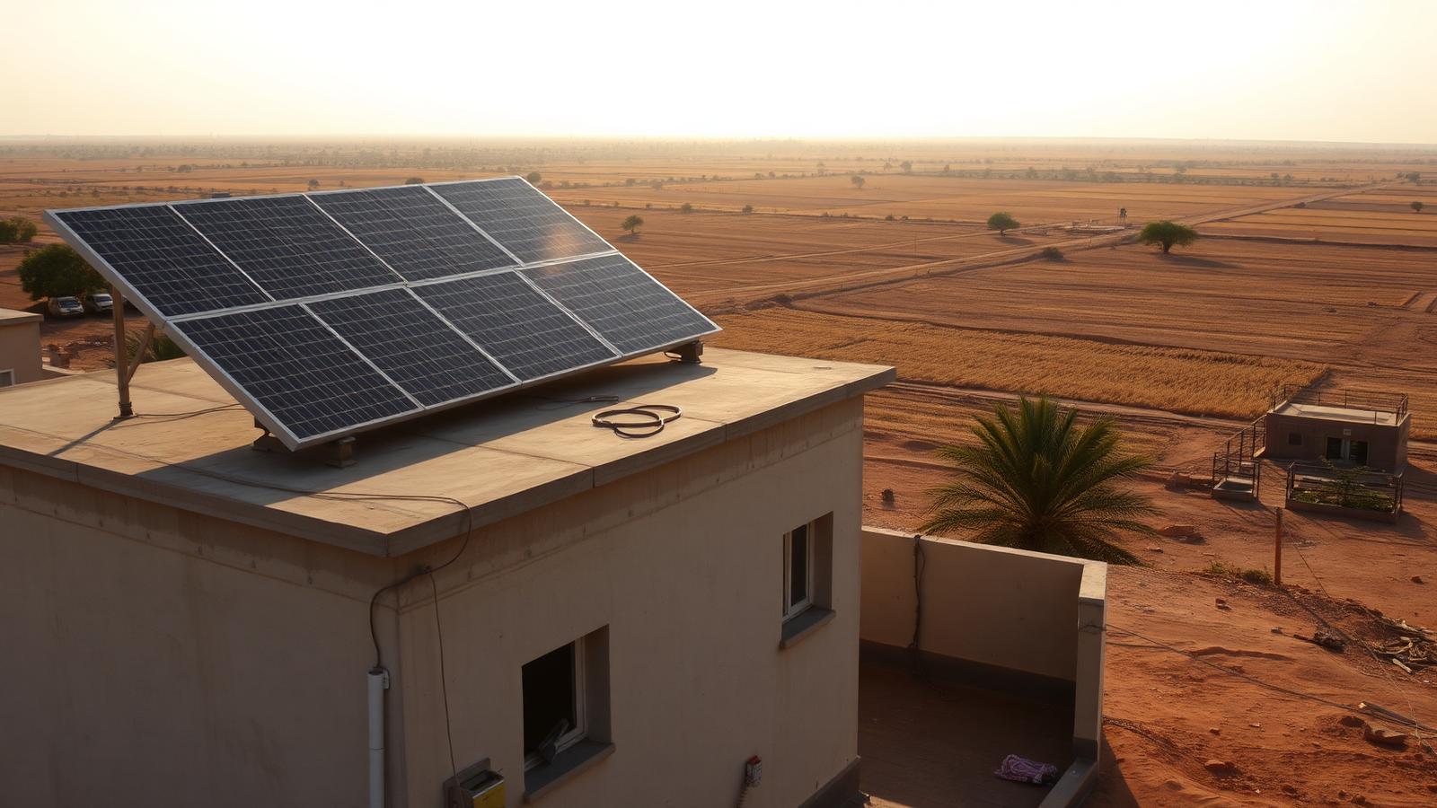 Rooftop solar array on a home in Hanumangarh with farmland beyond