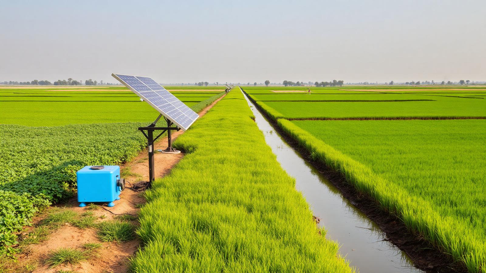 Solar water pump beside an irrigation channel in Sri Ganganagar